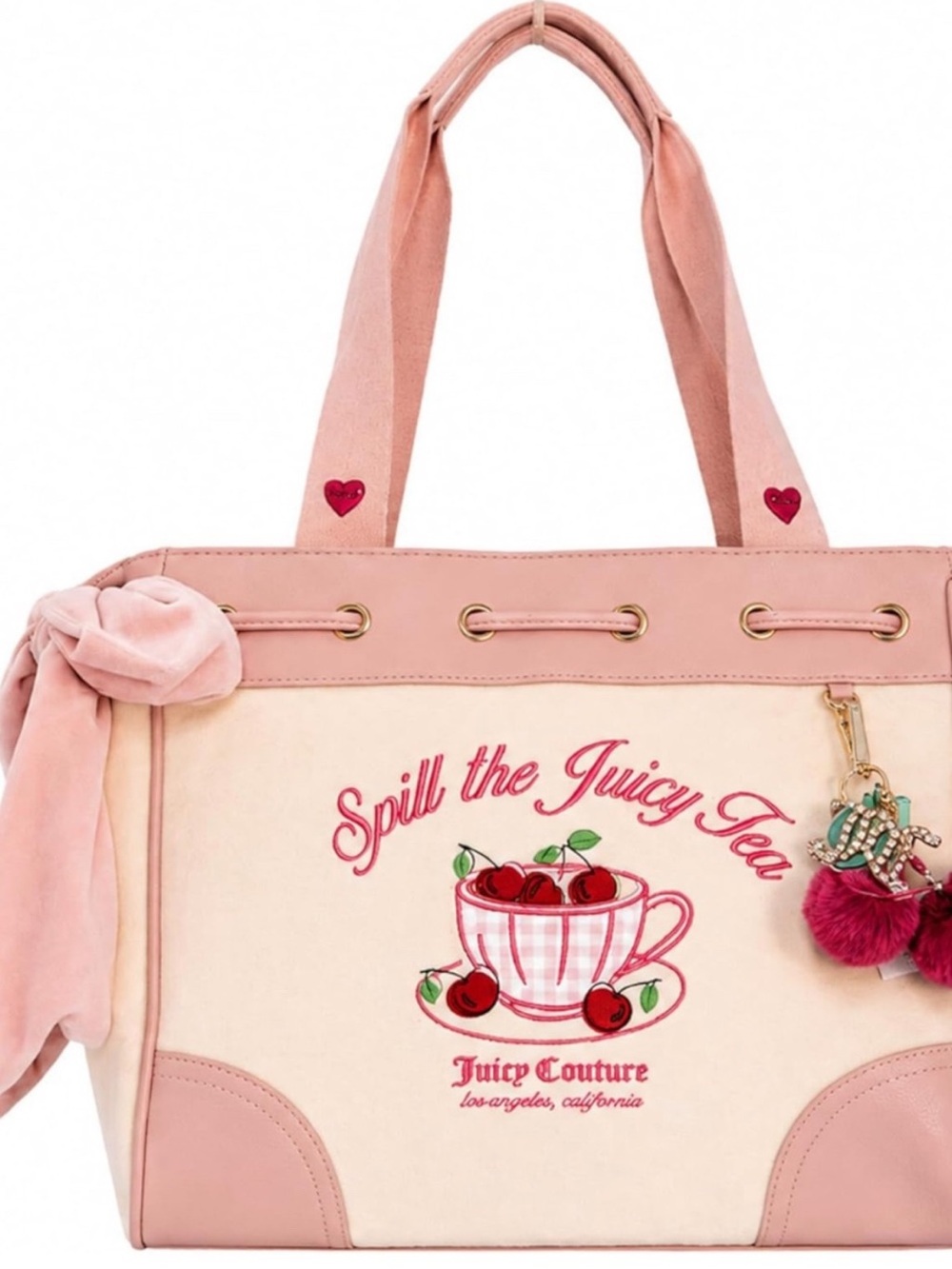 Juicy Couture Pink "Spill the Juicy Tea" Tote Bag embroidery bow accent cherry